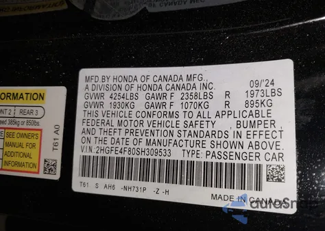 2025 Honda Civic Sport/Sport Touring z USA, uszkodzony, nr VIN 2HGFE4F80SH309533